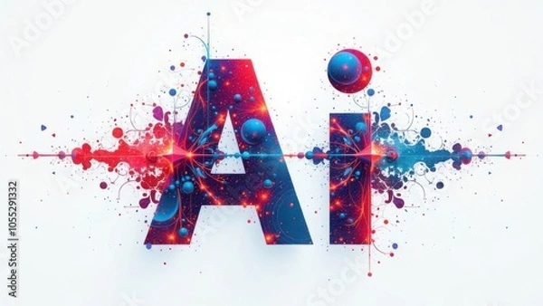 Obraz AI letters with vibrant red and blue abstract explosion on a white background. Futuristic digital 3D illustration. Artificial intelligence and technology concept. Design for poster, banner, wallpaper