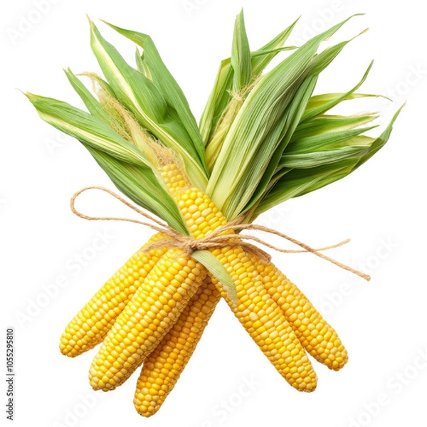 Fototapeta Fresh corn ears tied with string, vibrant yellow and green, on transparent background.