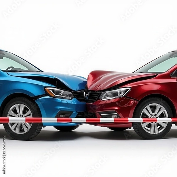 Fototapeta Nose-to-Nose View of Two Collided Cars – Illustrating the Impact of Head-On Collision-Tascha