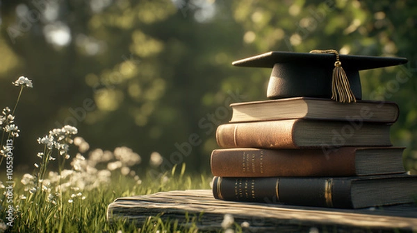Obraz collection of books stacked with graduation hat on top, surrounded by flowers in sunny outdoor setting, symbolizes achievement and education