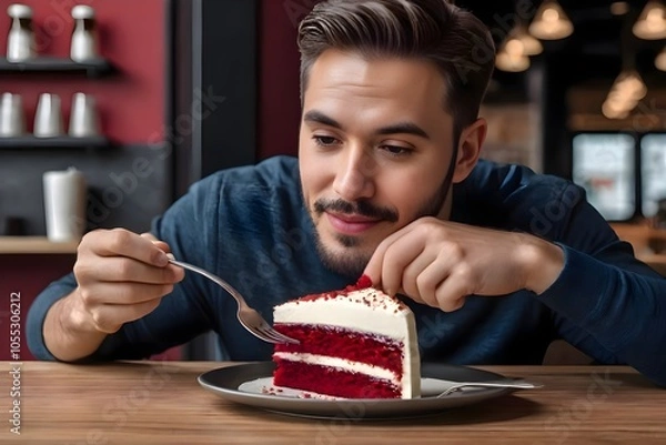 Obraz A young man is eating a red velvet cake slice. 