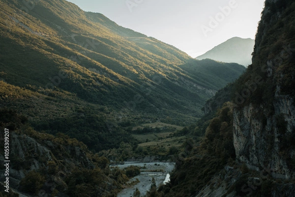 Obraz Albanian mountains with canyon and river in golden hour light. Balance between shadows and light. 