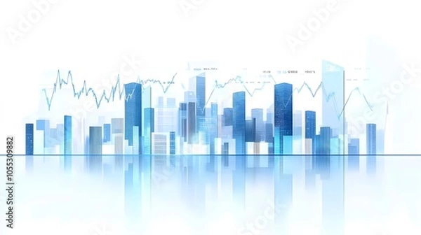 Obraz Urban Skyline with Abstract Data and Financial Growth Indicators Displayed in Soft Light with Blue and White Gradient, Representing Technological and Corporate Finance Visuals in a Minimalist Composit