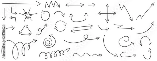 Obraz Collection of hand drawn arrows in different shapes such as: straight line, curve, circle, navigation, wave, zig zag in black marker color on transparent background. Isolated vector