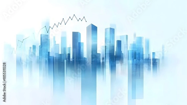 Fototapeta Modern Skyscrapers with Economic Growth Chart Overlays Representing Digital Finance and Analytics in Futuristic, Minimalist Blue and White Cityscape, Highlighting Business and Economic Growth Concepts