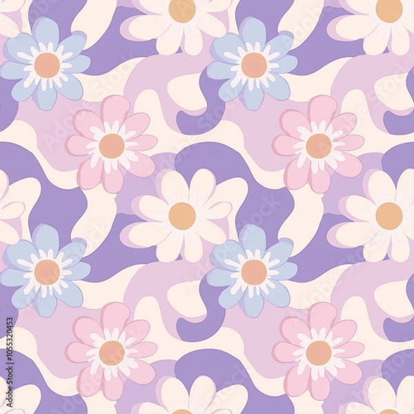 Fototapeta 70s-Inspired Daisy Flower Seamless Pattern with Chunky Petals