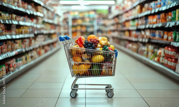 Fototapeta shopping cart full of fresh produce in grocery store aisle
