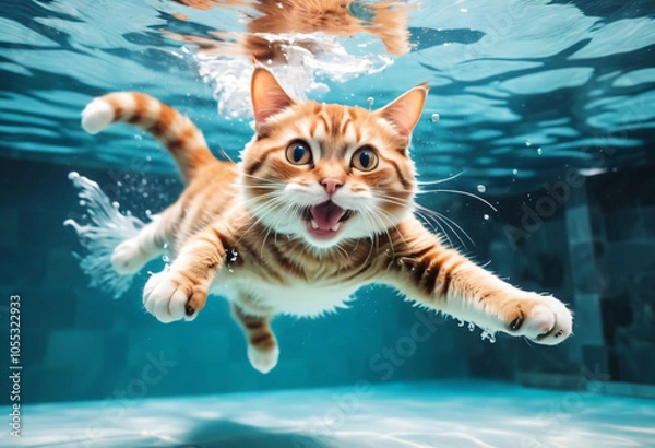 Obraz Cute, happy cat dived and swims underwater in the pool