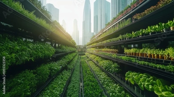 Fototapeta Urban garden with skyscrapers and sunlight creating a vibrant atmosphere