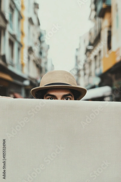 Fototapeta A curious person wearing a hat peeps over a white cloth on a bustling city street, creating a sense of mystery and intrigue against a blurred urban backdrop.