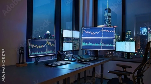 Obraz Modern Trading Desk with Skyline View