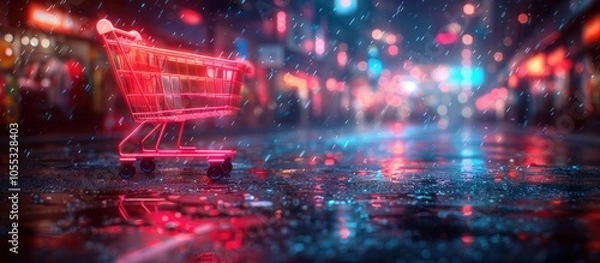 Obraz Shopping Cart in a Neon Rain-Drenched City