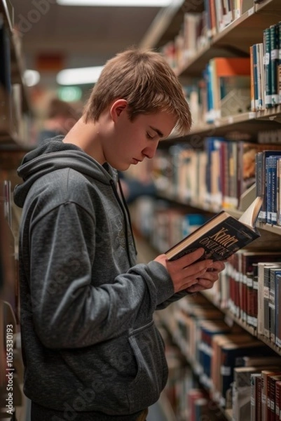 Fototapeta A young woman is seen reading a book in a library surrounded by bookshelves, fully engaged in her reading