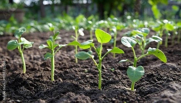 Fototapeta Young Green Plants Emerging from Dark Soil in a Garden