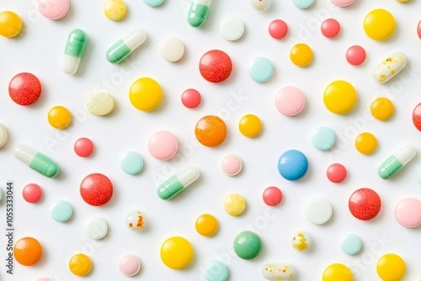 Fototapeta A colorful array of health supplements displayed neatly against a light background showing various shapes and sizes of capsules and gummies