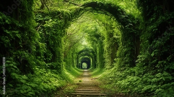 Fototapeta A tunnel of intertwining green plants. A walkway for lovers with natural light pouring in