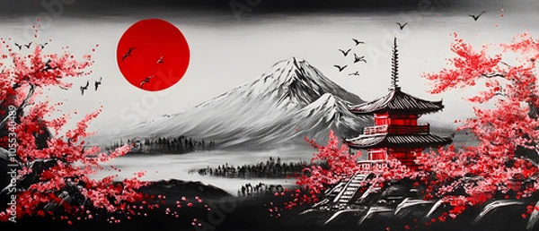 Fototapeta A red sun rises over a snow-capped mountain with a pagoda and cherry blossom trees.