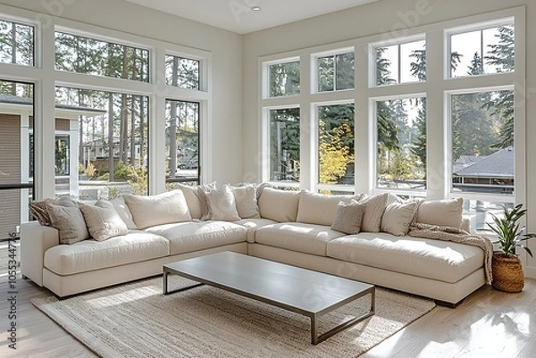 Fototapeta Mid century Modern interiors in the living room with a sofa and table and windows in view. Generative AI
