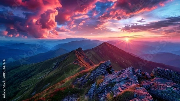 Fototapeta Rocky mountains at amazing colorful sunset in summer in mountain ridges and beautiful sky with pink red and orange clouds and sunlight in spring landscape with rocks mountain peak