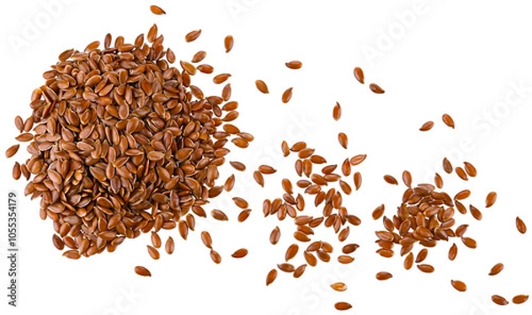 Obraz Scattered brown flax seeds isolated on a transparent background. Top view.