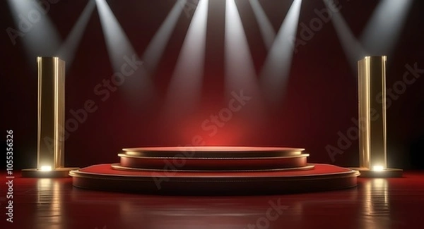 Fototapeta Stage podium with lighting, Stage Podium Scene with for Award Ceremony on red Background.