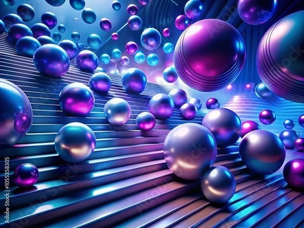 Fototapeta 4K Abstract Loop Background with Colorful Spheres on Steps - Blue and Purple Light Waves