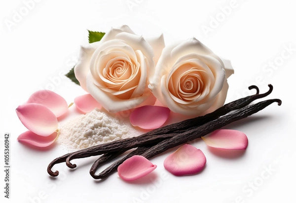 Obraz Rose, vanilla and a touch of white musk powder. Placed on a white background with subtle shadows to highlight the luxurious, floral perfume flower, perfume flower oils, perfume essential flowers, perf