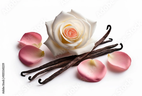 Obraz Rose, vanilla and a touch of white musk powder. Placed on a white background with subtle shadows to highlight the luxurious, floral perfume flower, perfume flower oils, perfume essential flowers, perf