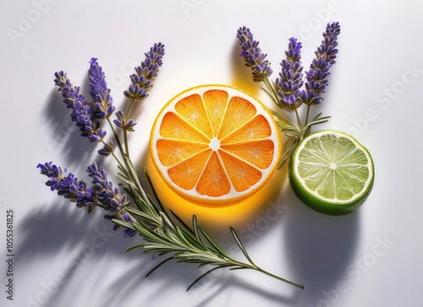 Obraz Lavender,  orange and lime isolated on white background