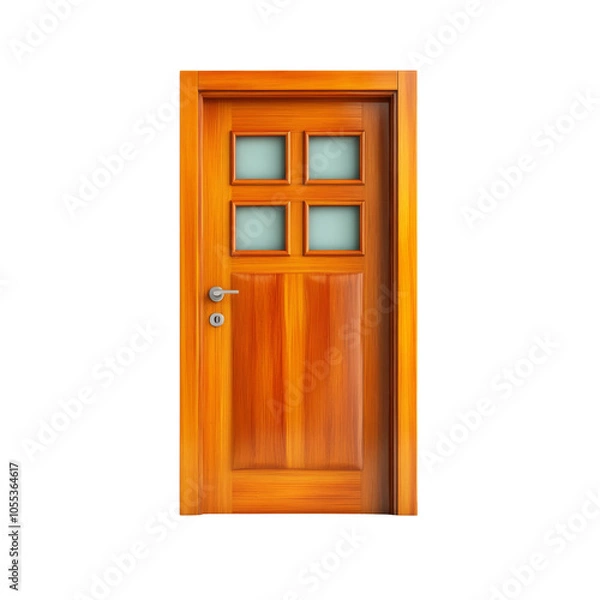 Fototapeta Wooden door with glass panes, modern design, on transparent background.