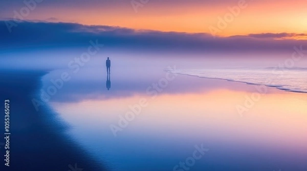 Fototapeta A person strolling along the shoreline as the sun sets, with warm tones and soft light