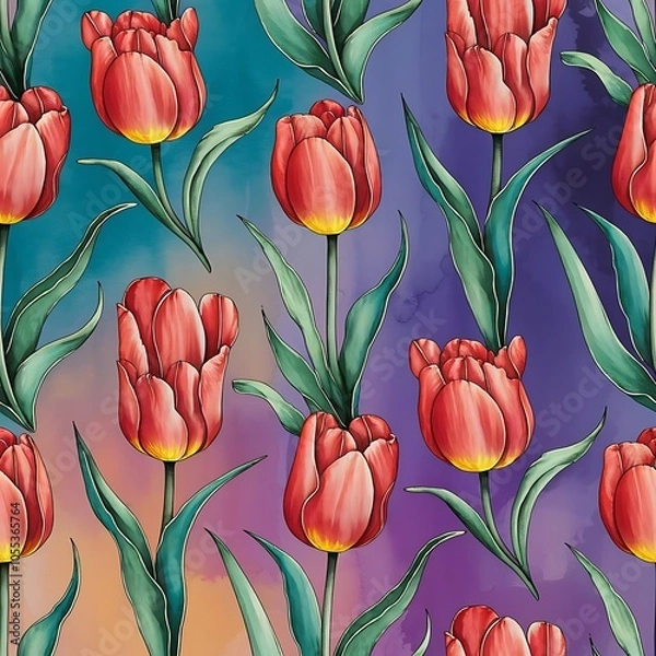 Fototapeta Amazing red tulip flowers with green leaves. Hand drawn botanical flowers. Watercolor background illustration. Seamless pattern. Fabric wallpaper print texture.