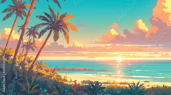 Fototapeta Tropical Sunset by the Beach with Silhouetted Palm Trees and Gentle Waves under a Golden Sun and Soothing Sky in a Vibrant Vintage Style Landscape
