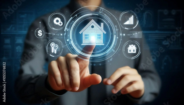 Fototapeta Man touches virtual house icon for mortgage loan analysis. Real estate investment, interest rate, business planning concept.
