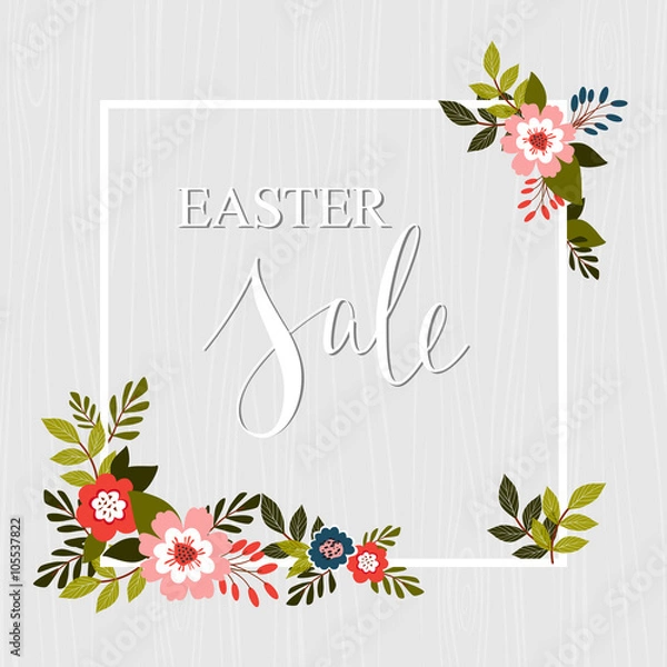 Fototapeta Easter sale advertisment frame with floral elements 1. Vector.