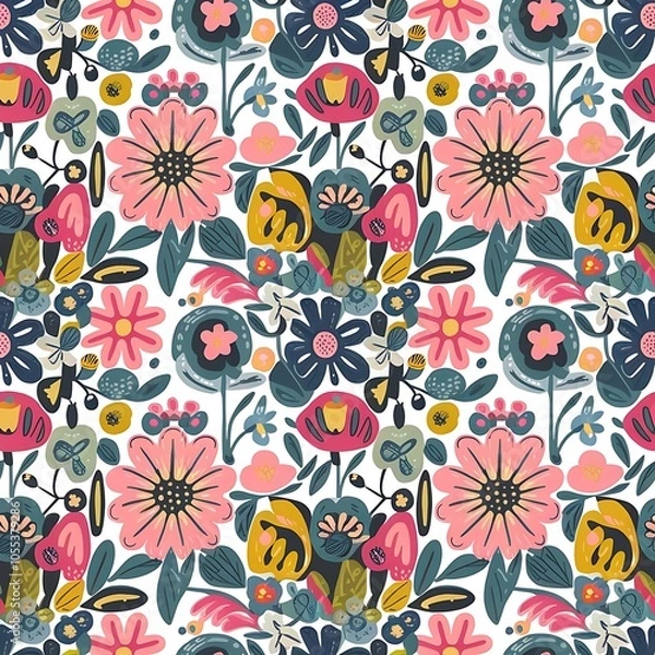 Fototapeta Modern floral with flowers print. Seamless pattern. Hand drawn style.