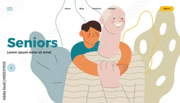 Fototapeta Cheerful senior man with kid. Grandparent embrace grandchild on abstract background. Senior man hold child hand on his chest. Modern flat vector illustration. Seniors. Landing page and website banner 