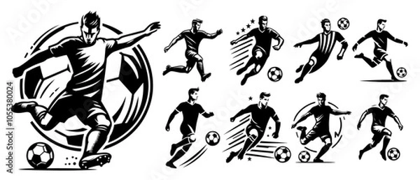 Fototapeta black vector of soccer player silhouette in dynamic movement, minimalist logo style