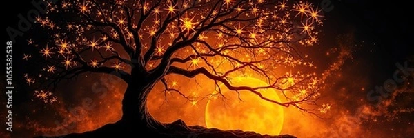 Fototapeta A golden tree with intricate roots glowing on a dark background, background, glowing, abstract