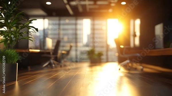 Obraz Defocused modern open-plan office background with blurred desks, chairs, and computers in a professional workspace setting