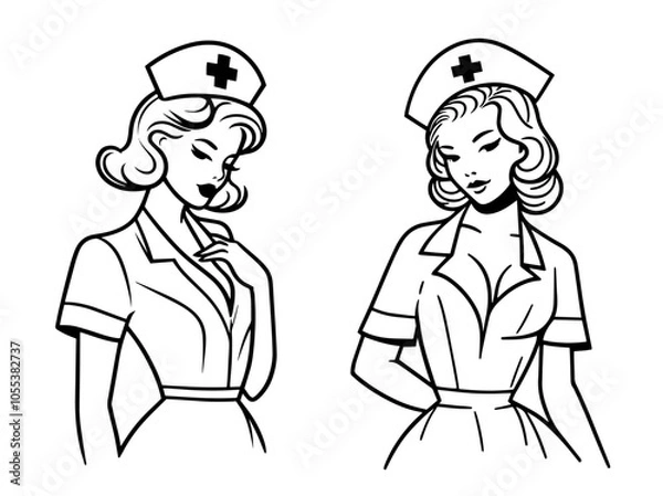 Fototapeta retro pin-up nurse illustration, featuring a classic line art sketch style with nostalgic appeal black vector