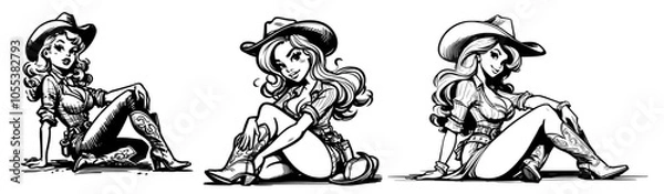Fototapeta sexy pinup girl dressed as a cowboy, illustrated in playful cartoon style line art, capturing the essence of Western charm black vector