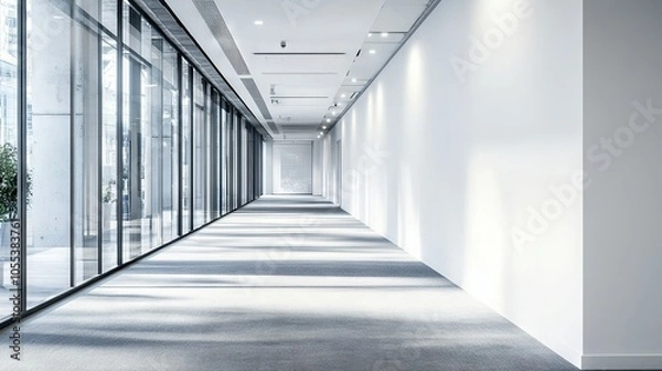Fototapeta Modern spacious white open-space office corridor with glossy floors, large windows, and a blank mockup wall perfect for displaying advertisements, branding, or promotional content