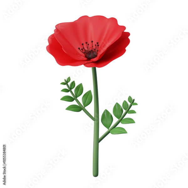 Fototapeta Red Poppy Flower Isolated on White Background, 3d rendering