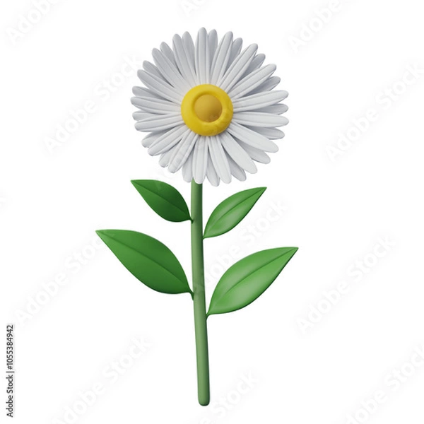 Fototapeta Isolated daisy flower with white petals and yellow center, blooming in spring, 3d rendering