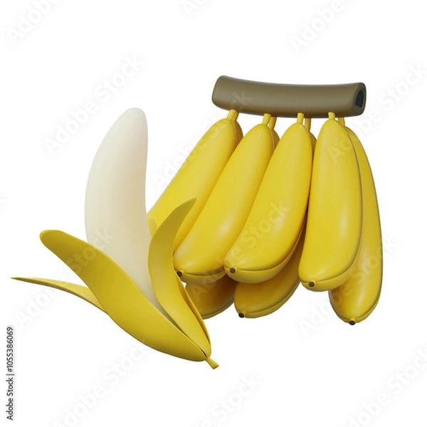 Fototapeta Ripe yellow bananas in a bunch, isolated on white background, perfect for healthy snacking, 3D rendering