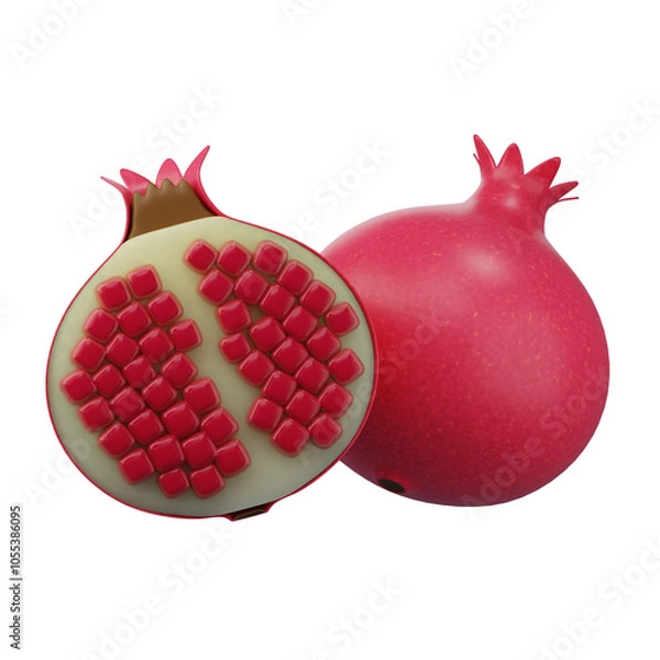 Fototapeta Ripe, juicy pomegranate isolated on white background, perfect for healthy eating and desserts, 3D rendering