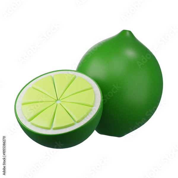 Fototapeta Fresh, juicy lime and lemon slices, perfect for healthy drinks and organic recipes, isolated on a white background, 3d rendering