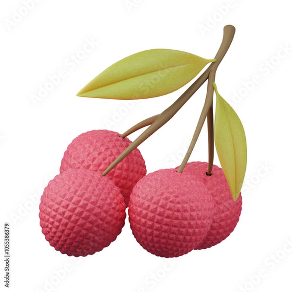 Fototapeta Ripe, Lychee with green leaves, a juicy summer treat ,isolated on white background, perfect for healthy diet and tropical desserts, 3d rendering