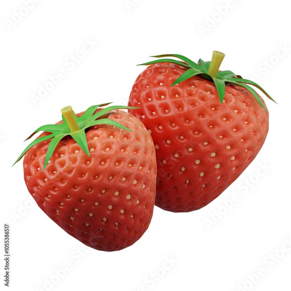 Fototapeta Ripe, juicy strawberry with green leaves, isolated on a white background, 3d rendering